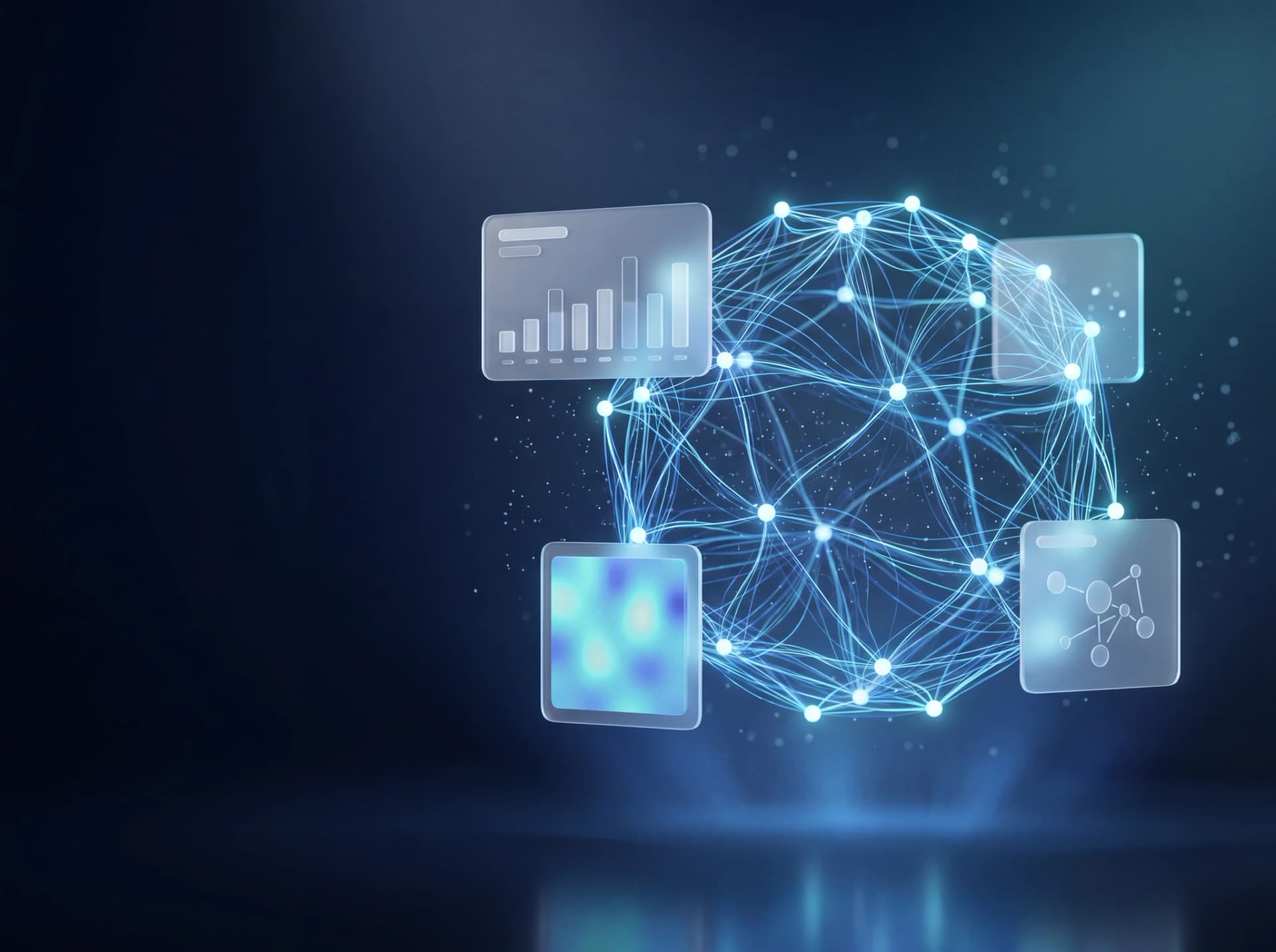 AI and machine learning services — neural network visualization with glassmorphic panels