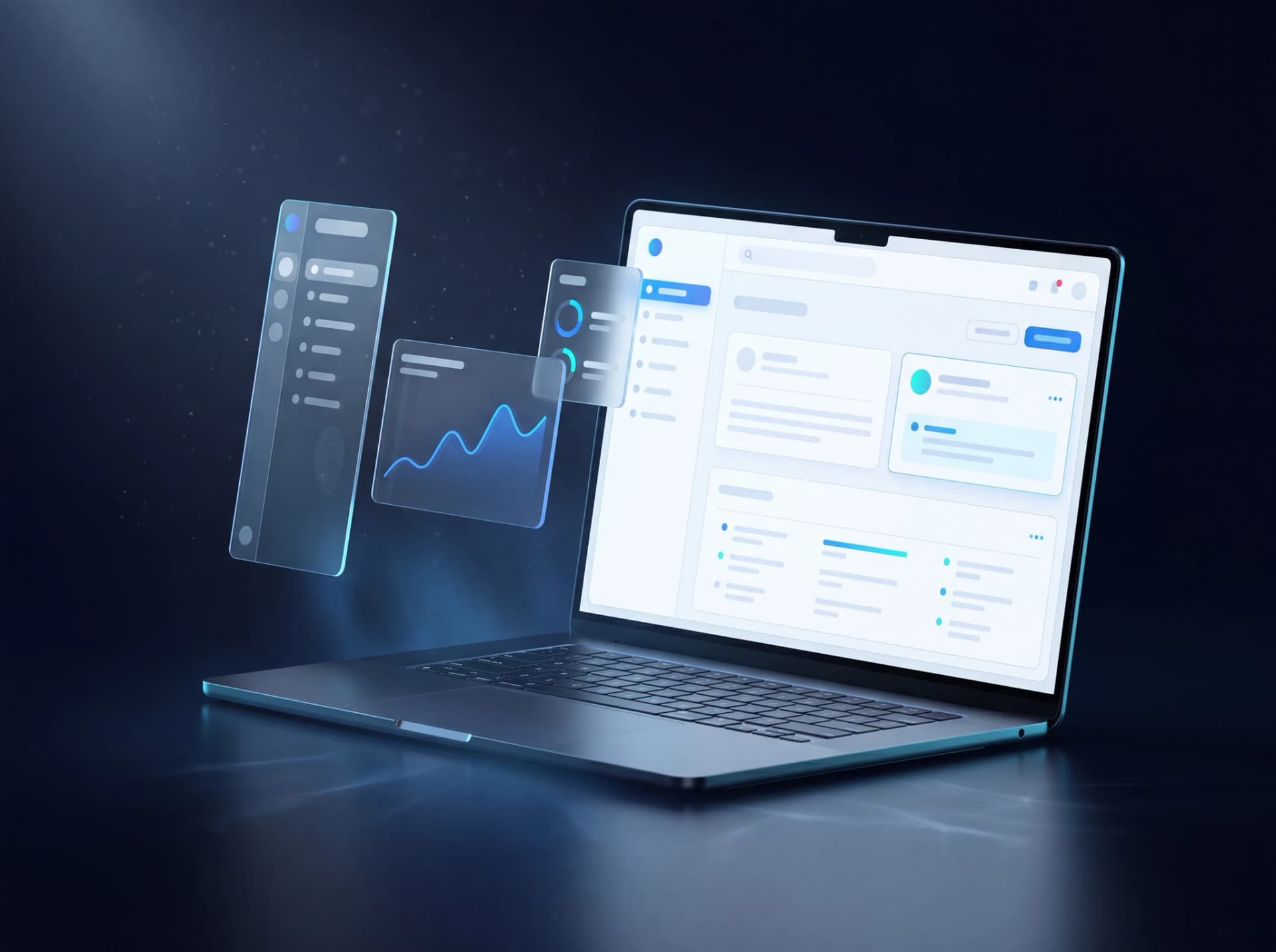 Web and app engineering services — glassmorphic dashboard on a laptop with navy and cyan UI