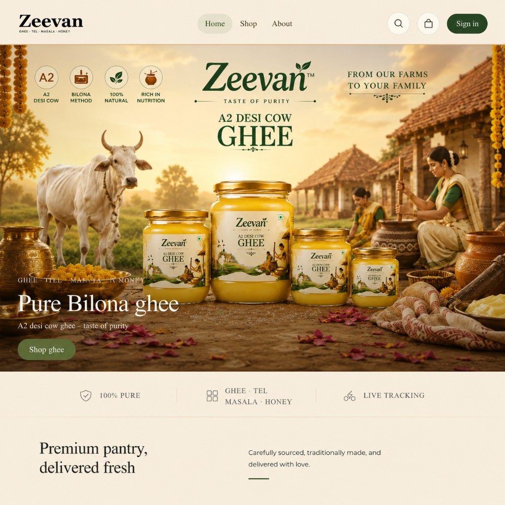 Zeevan A2 Desi Cow Ghee — premium pantry storefront